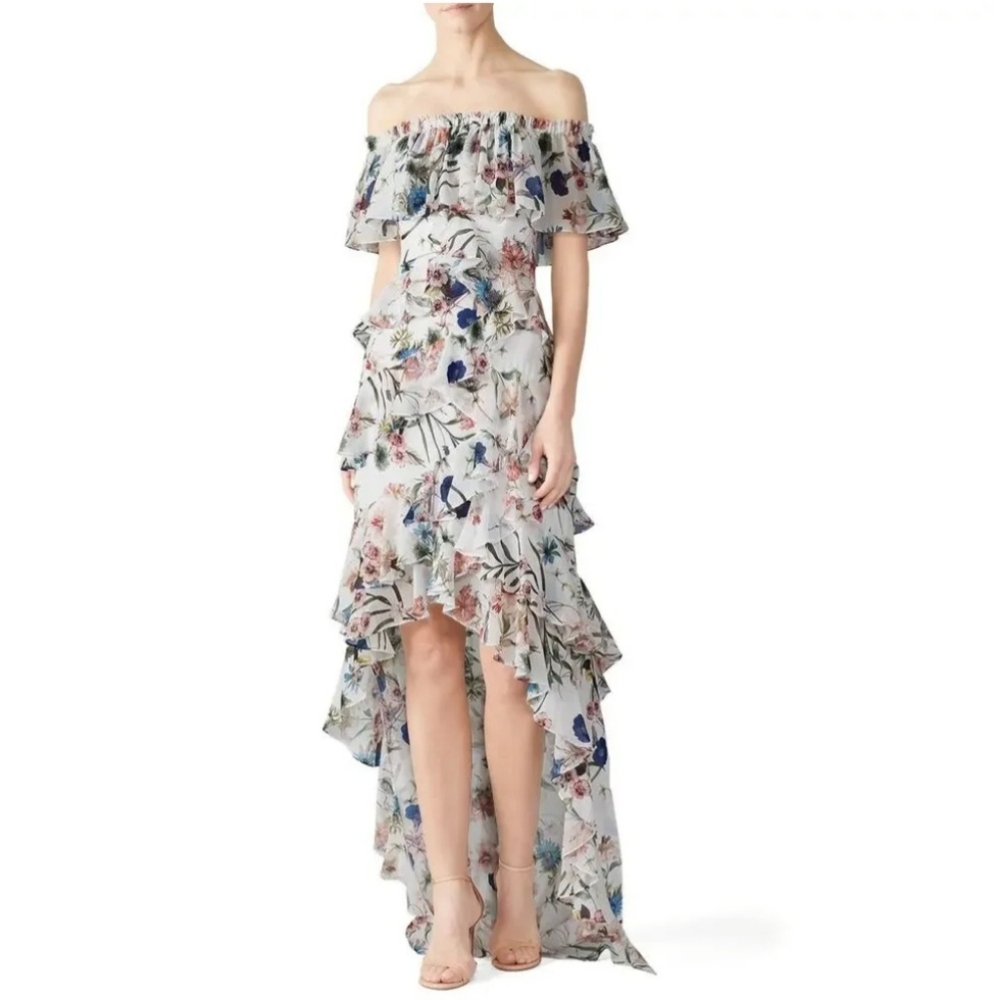 Badgley Mischka Floral Off Shoulder High Low Ruffle Maxi Dress Sz 2 NWT